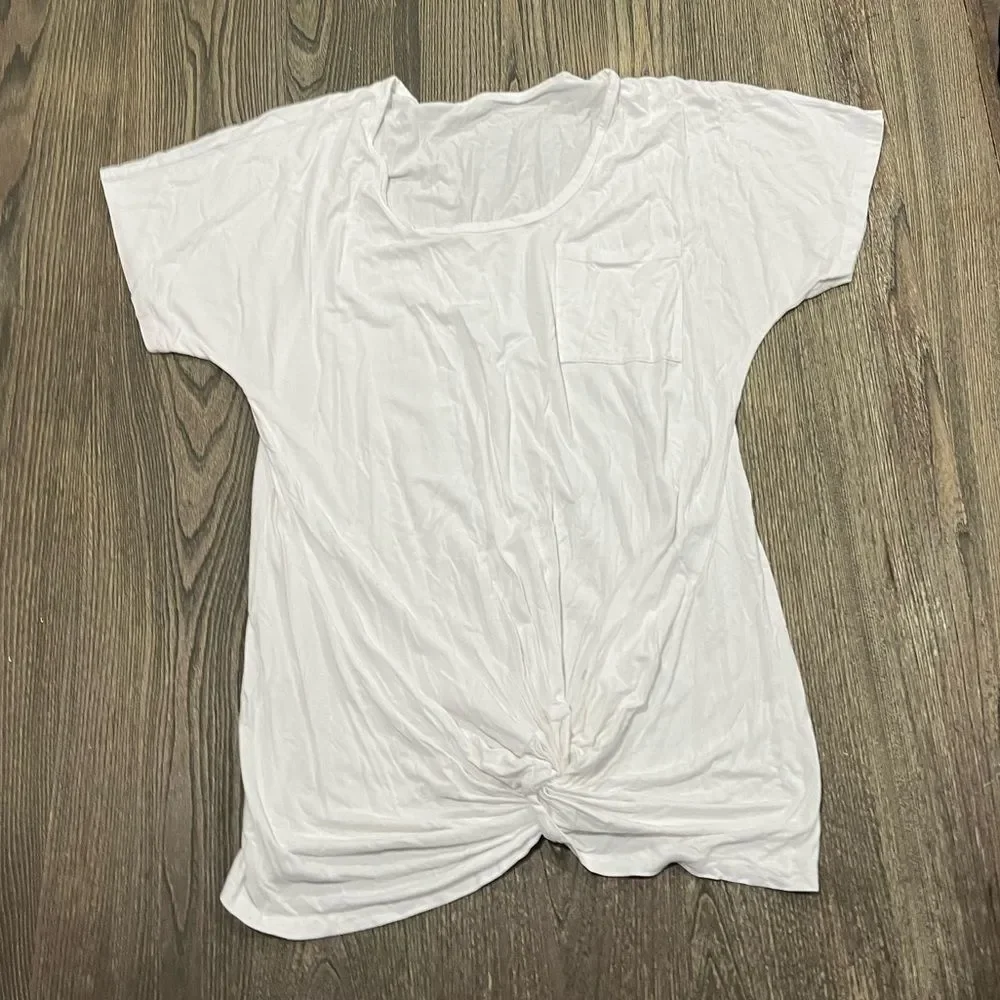 SHEIN Pocket Tee Shirt Short Sleeves Twist Front Crew Neck White Size M